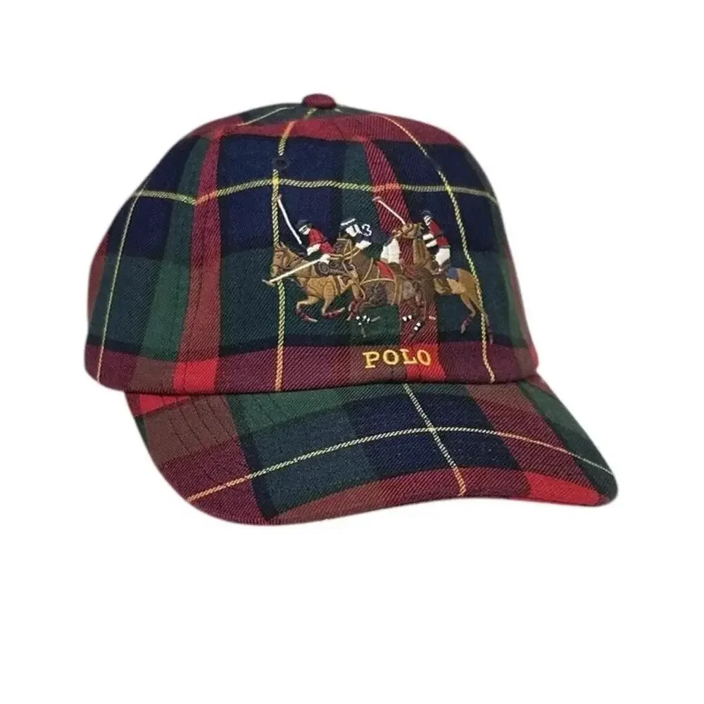 NWT Polo Ralph Lauren Multicolor Plaid TRIPLE PONY Cotton Baseball Ball Cap Hat